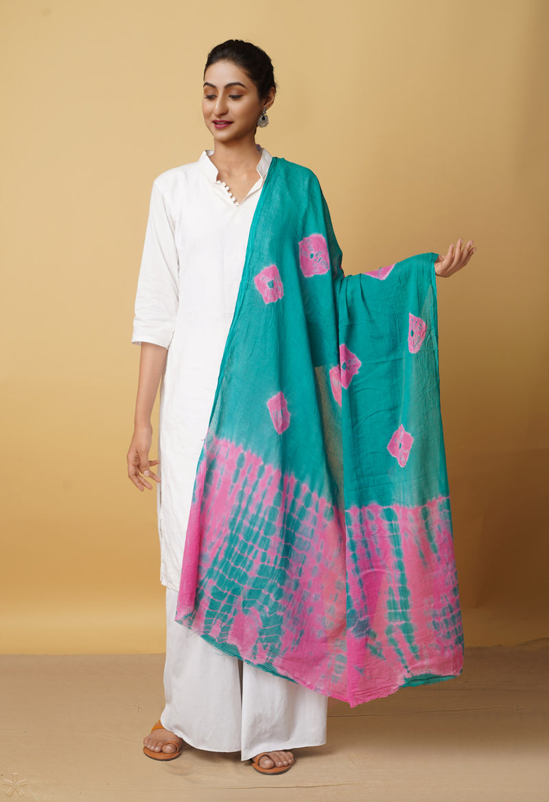 Sea Green Pure Tie- Dye Shibori Kota Cotton Dupatta- UDS3511