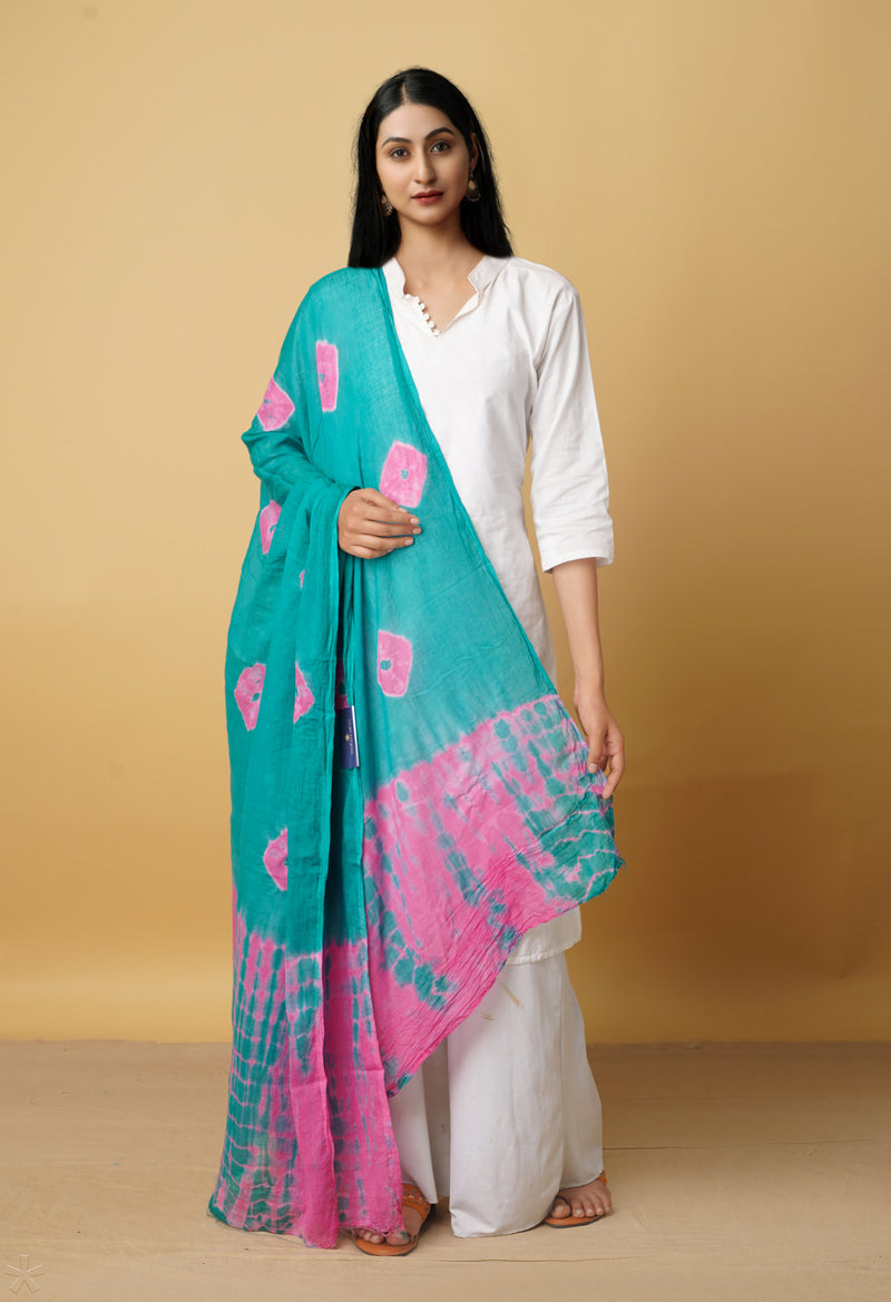 Sea Green Pure Tie- Dye Shibori Kota Cotton Dupatta- UDS3511