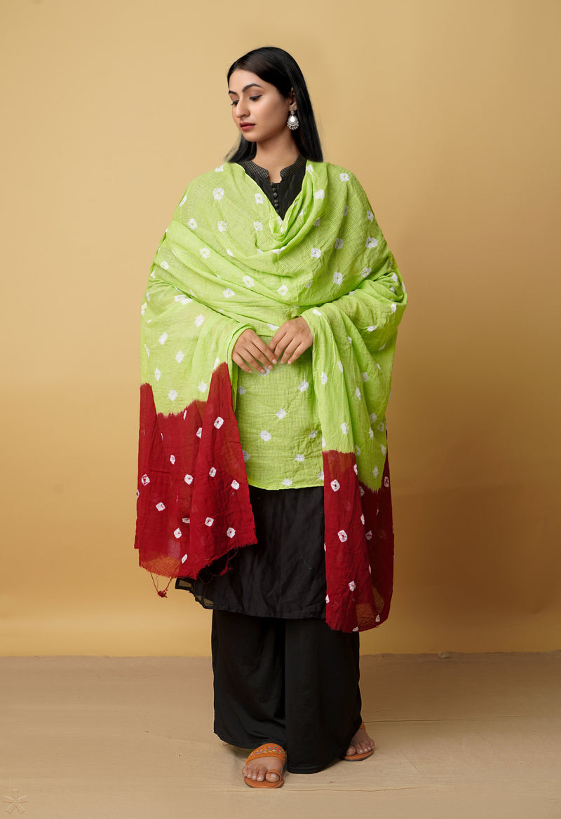 Green Pure Tie- Dye Shibori Kota Cotton Dupatta- UDS3522