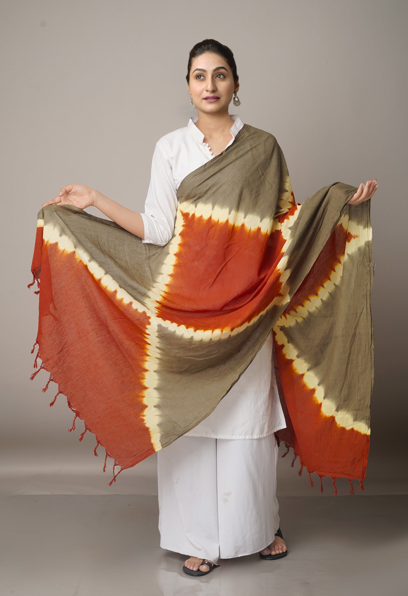 Brown-Grey Pure Tie- Dye Shibori Cotton Dupatta-UDS3645