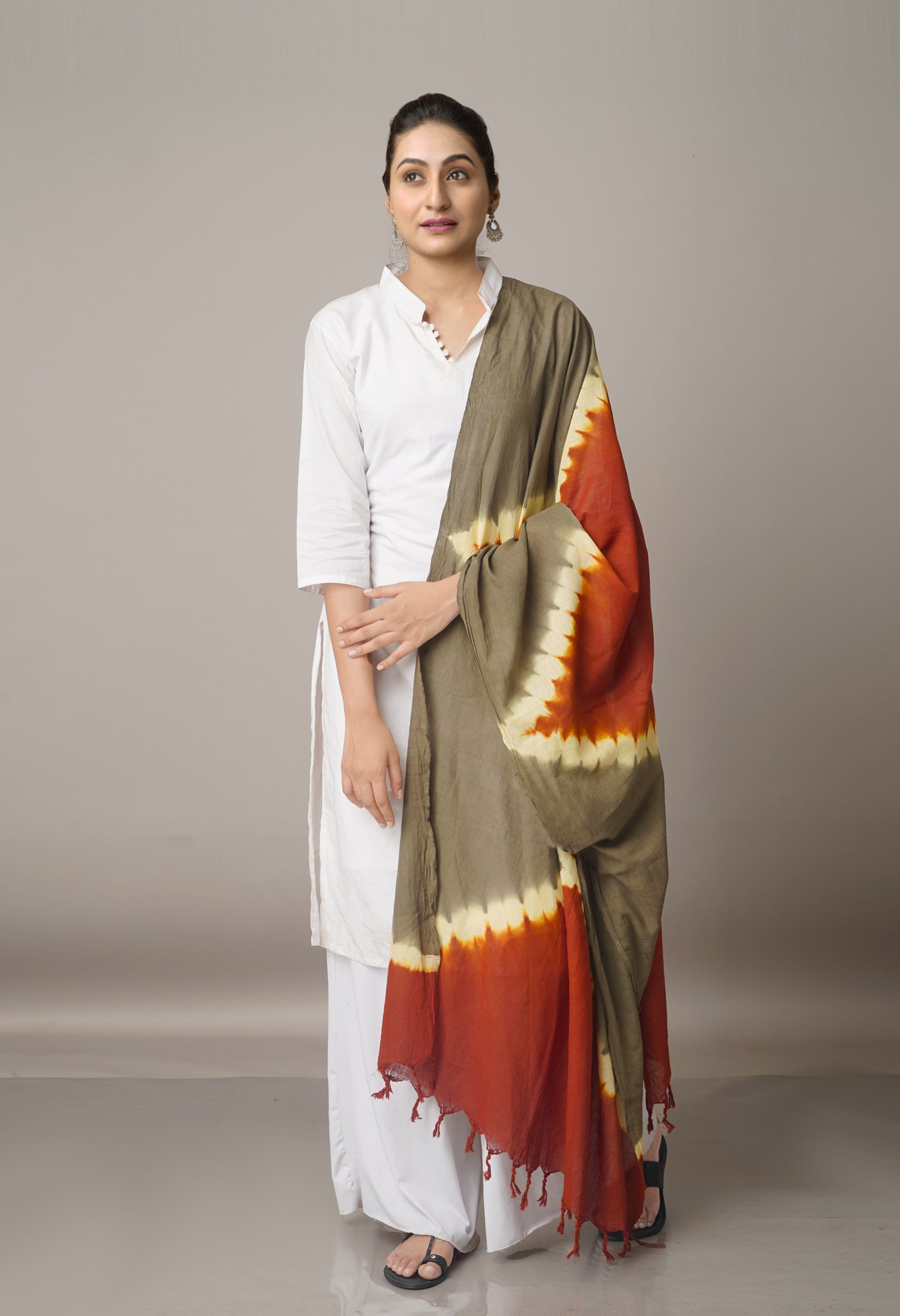 Brown-Grey Pure Tie- Dye Shibori Cotton Dupatta-UDS3645