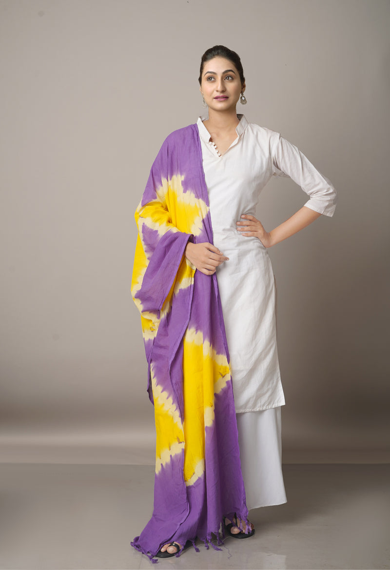 Yellow-Violet Pure Tie- Dye Shibori Cotton Dupatta-UDS3655