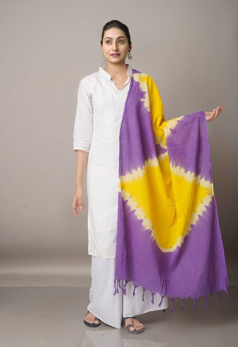 Yellow-Violet Pure Tie- Dye Shibori Cotton Dupatta-UDS3655