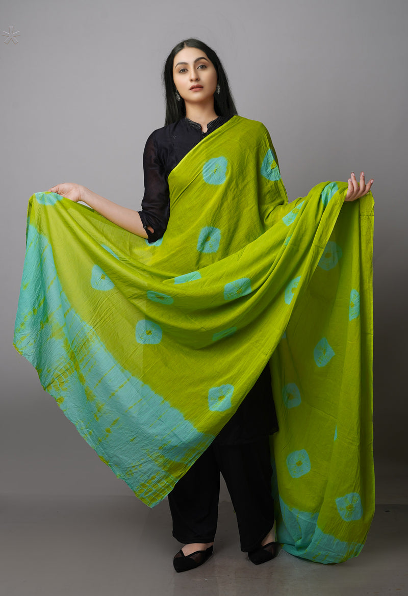 Green Pure Tie- Dye Shibori Cotton Dupatta-UDS3776