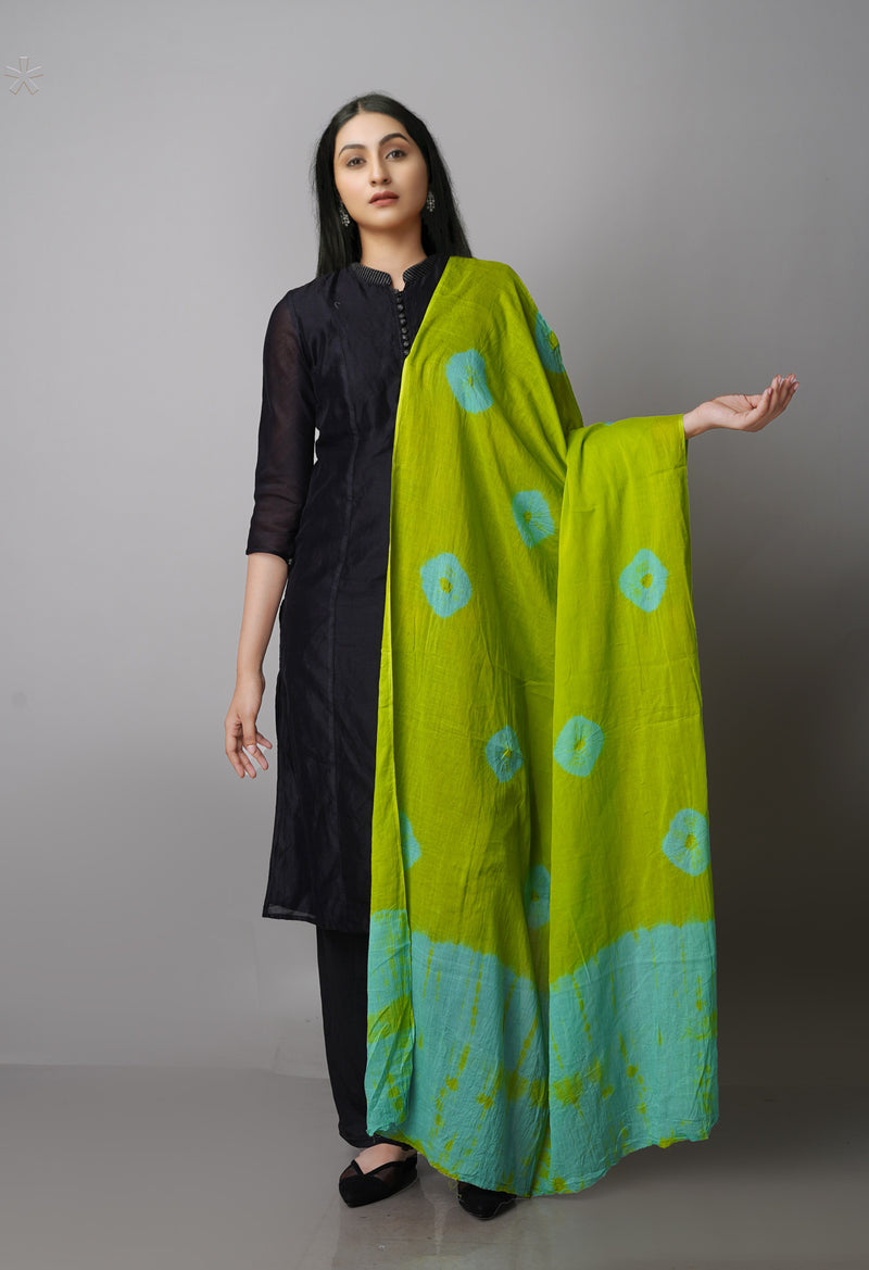 Green Pure Tie- Dye Shibori Cotton Dupatta-UDS3776