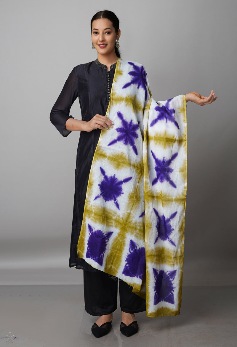 White Pure Tie- Dye Shibori Cotton Dupatta-UDS3791