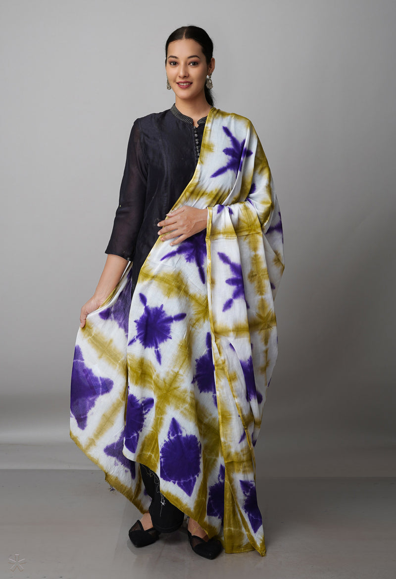 White Pure Tie- Dye Shibori Cotton Dupatta-UDS3791