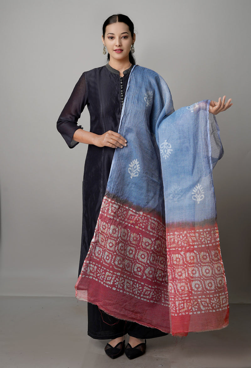 Grey-Peach Pure Wax Batik Kota Cotton Dupatta-UDS3823