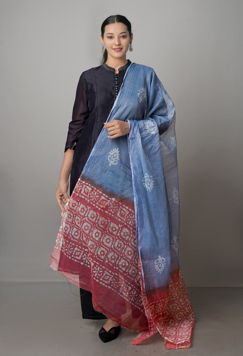 Grey-Peach Pure Wax Batik Kota Cotton Dupatta-UDS3823