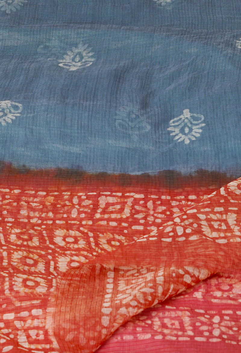 Grey-Peach Pure Wax Batik Kota Cotton Dupatta-UDS3823