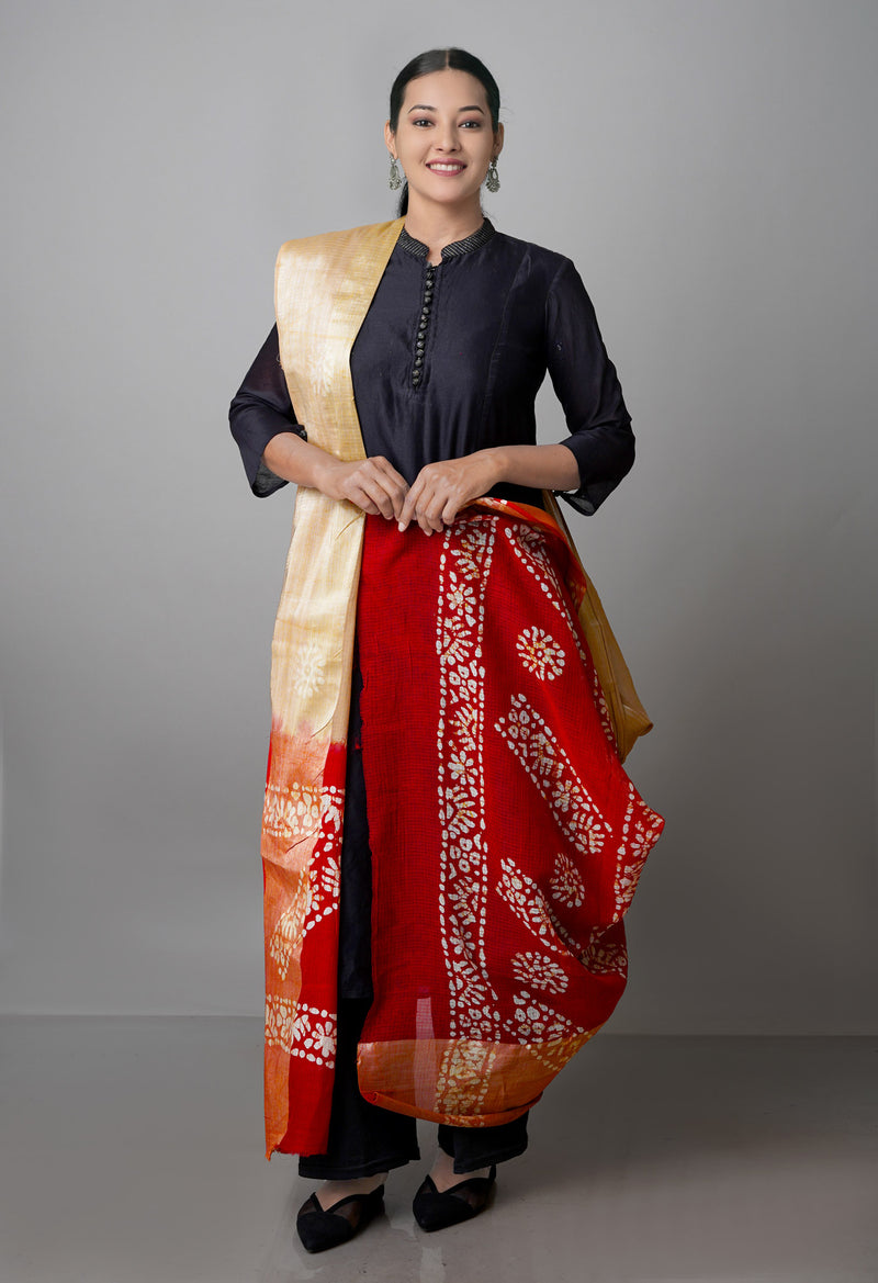 Brown-Maroon Pure Wax Batik Kota Cotton Dupatta-UDS3826