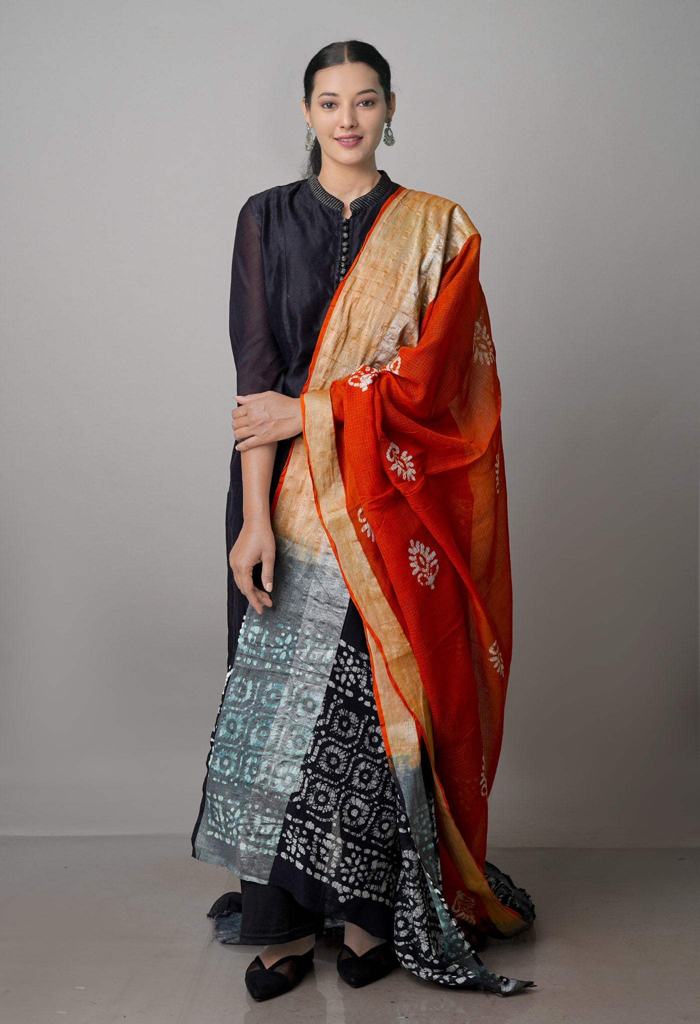 Brown-Black Pure Wax Batik Kota Cotton Dupatta-UDS3827