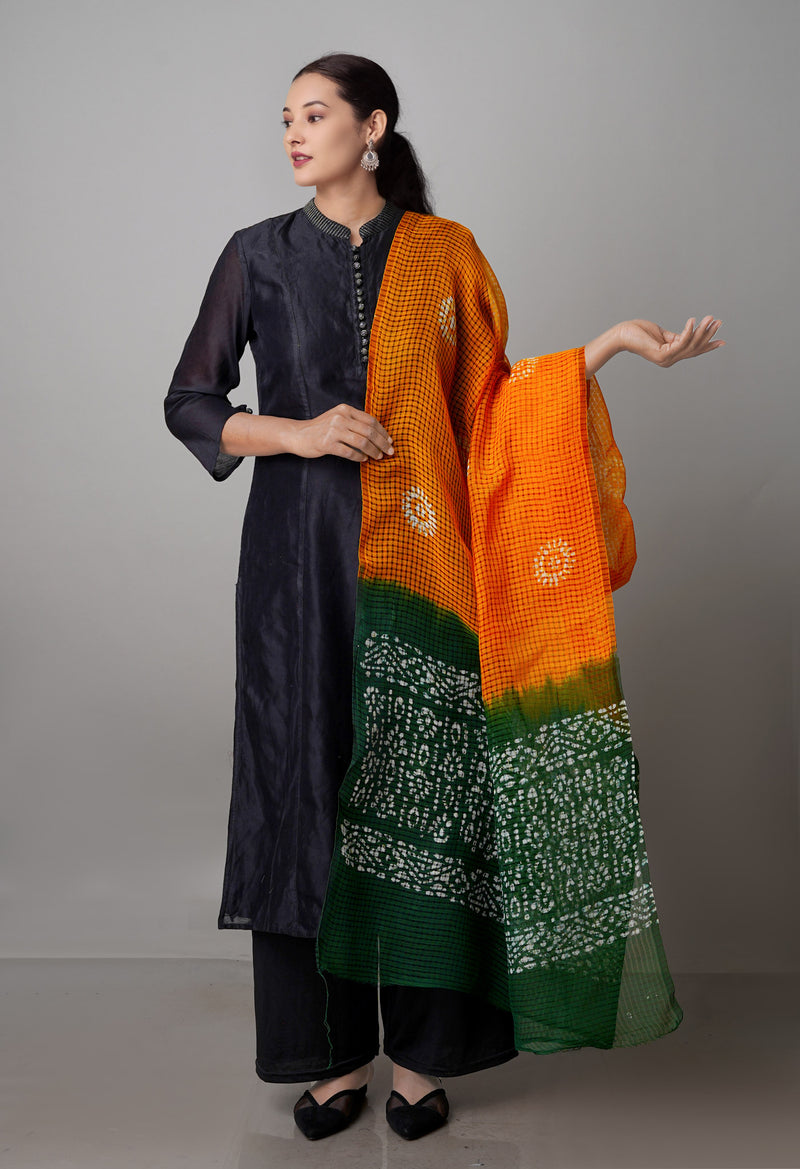 Mustard Yellow-Green Pure Wax Batik with Fancy Checks Kota Cotton Dupatta-UDS3829