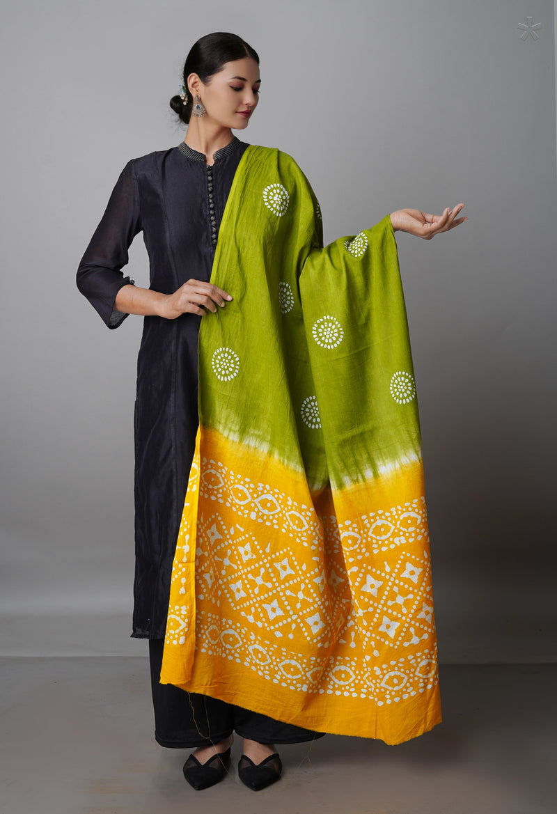 Green-Yellow Pure Wax Batik with Fancy Checks Cotton Dupatta-UDS3853