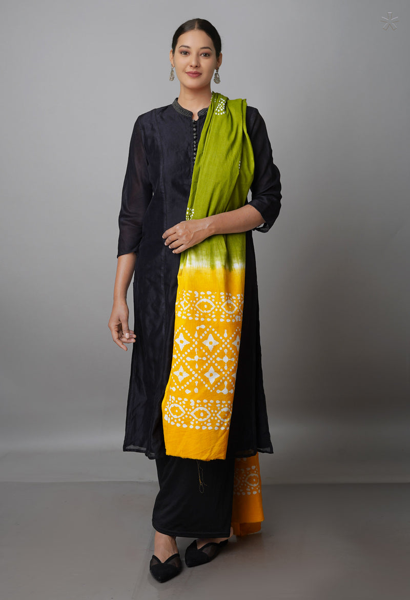 Green-Yellow Pure Wax Batik with Fancy Checks Cotton Dupatta-UDS3853