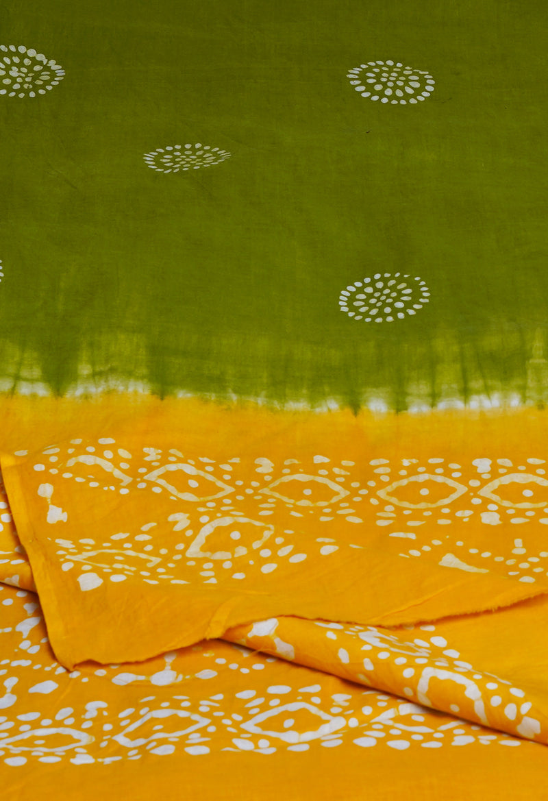 Green-Yellow Pure Wax Batik with Fancy Checks Cotton Dupatta-UDS3853