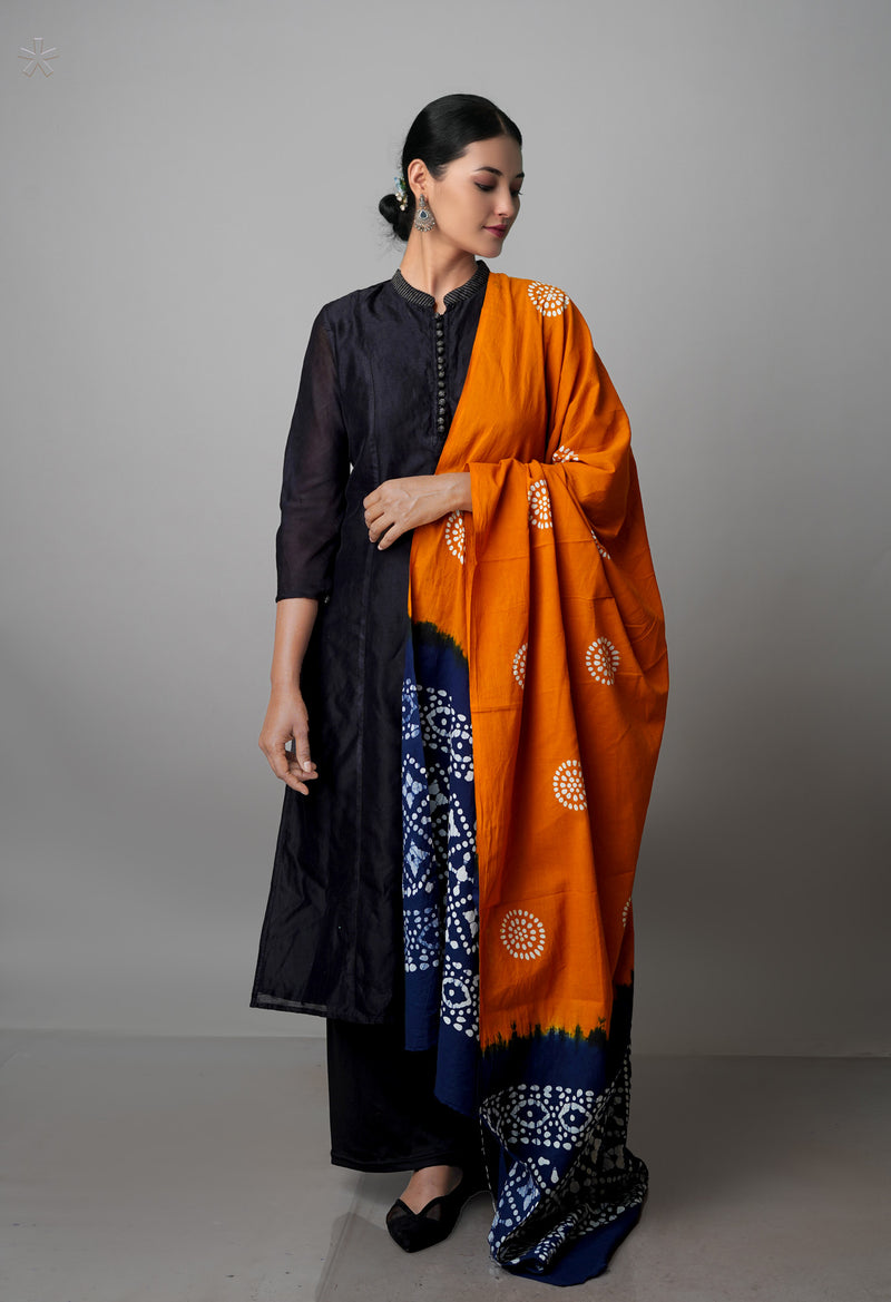 Yellow-Blue Pure Wax Batik with Fancy Checks Cotton Dupatta-UDS3856