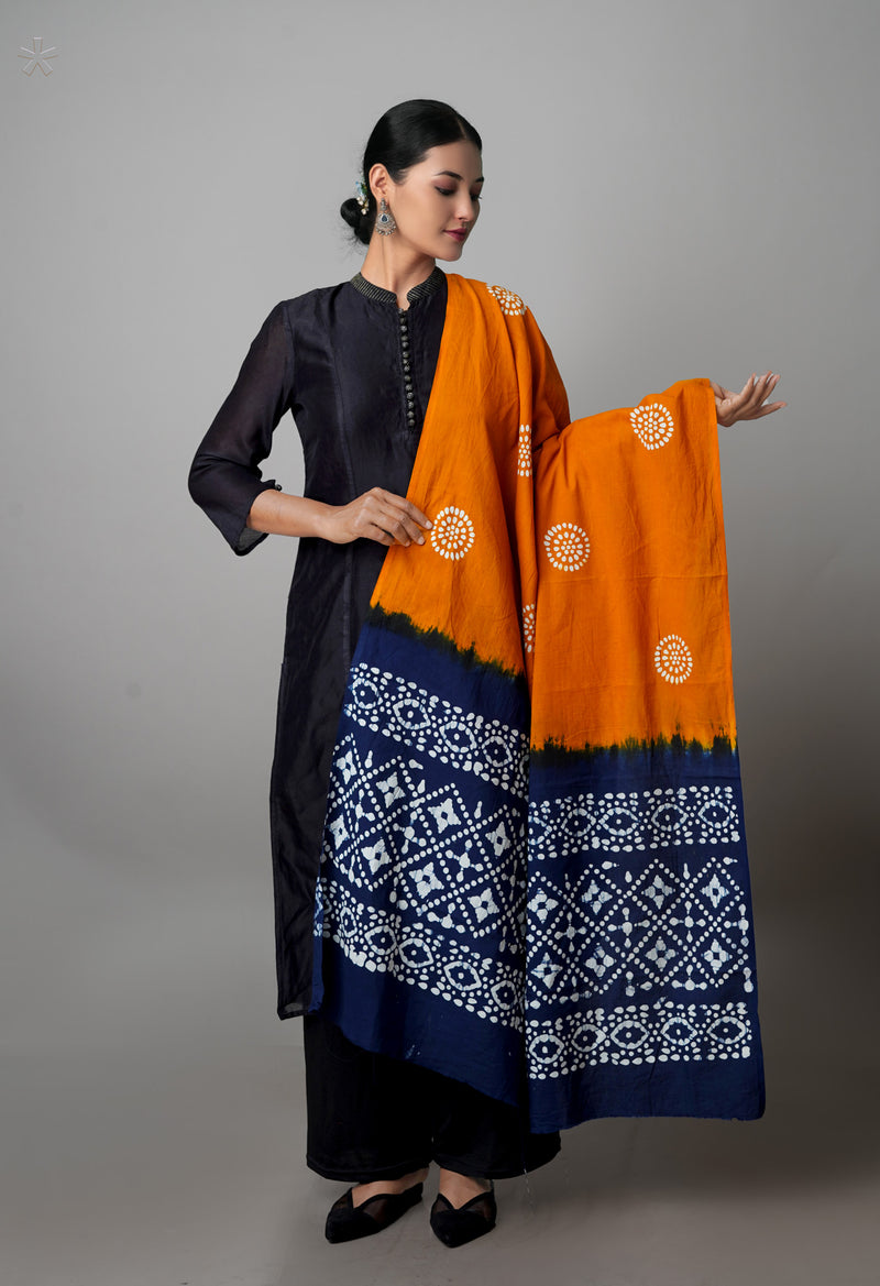 Yellow-Blue Pure Wax Batik with Fancy Checks Cotton Dupatta-UDS3856