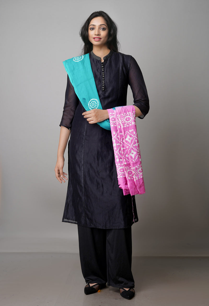Green-Pink Pure Wax Tie-Dye Batik Mulmul Cotton Dupatta-UDS3871