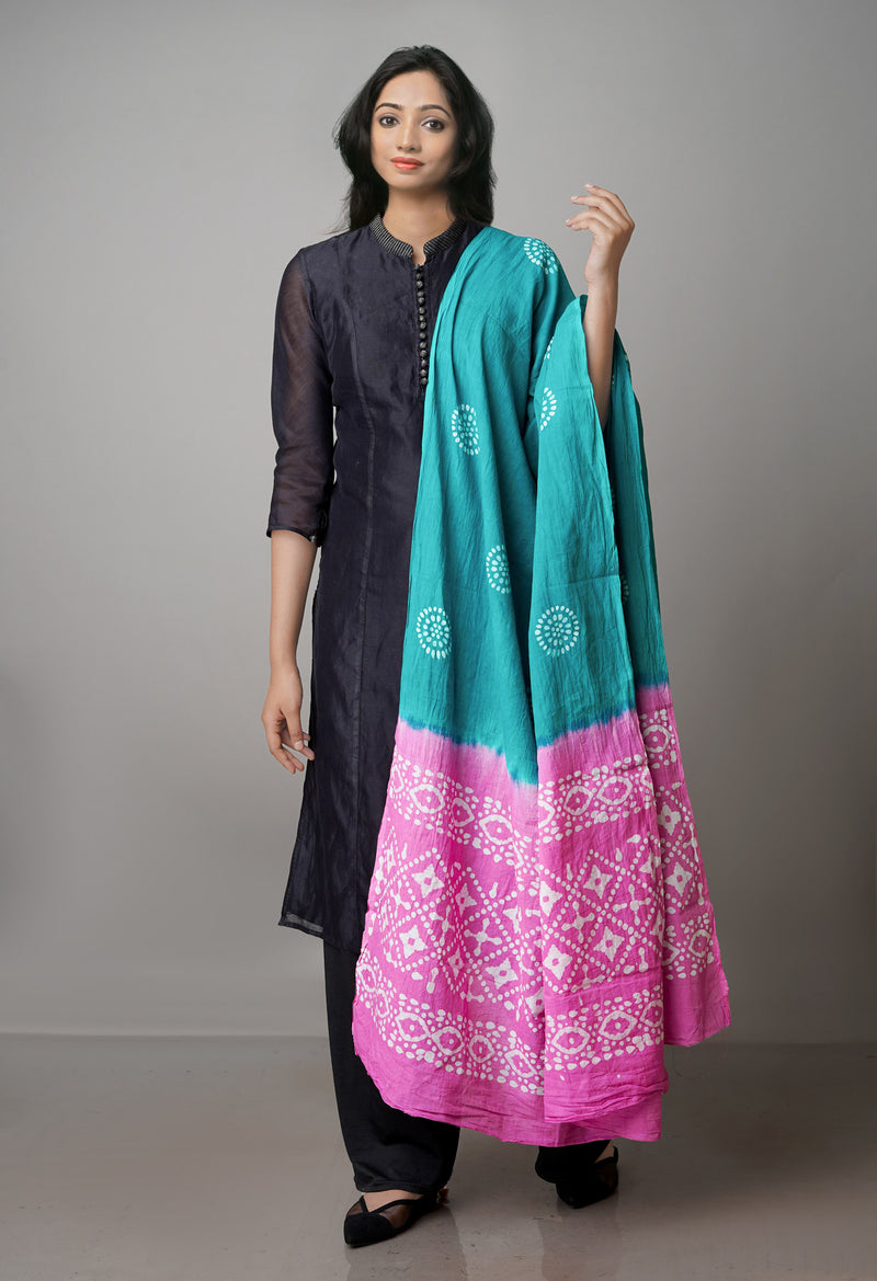 Green-Pink Pure Wax Tie-Dye Batik Mulmul Cotton Dupatta-UDS3871