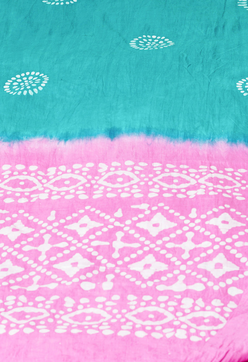 Green-Pink Pure Wax Tie-Dye Batik Mulmul Cotton Dupatta-UDS3871