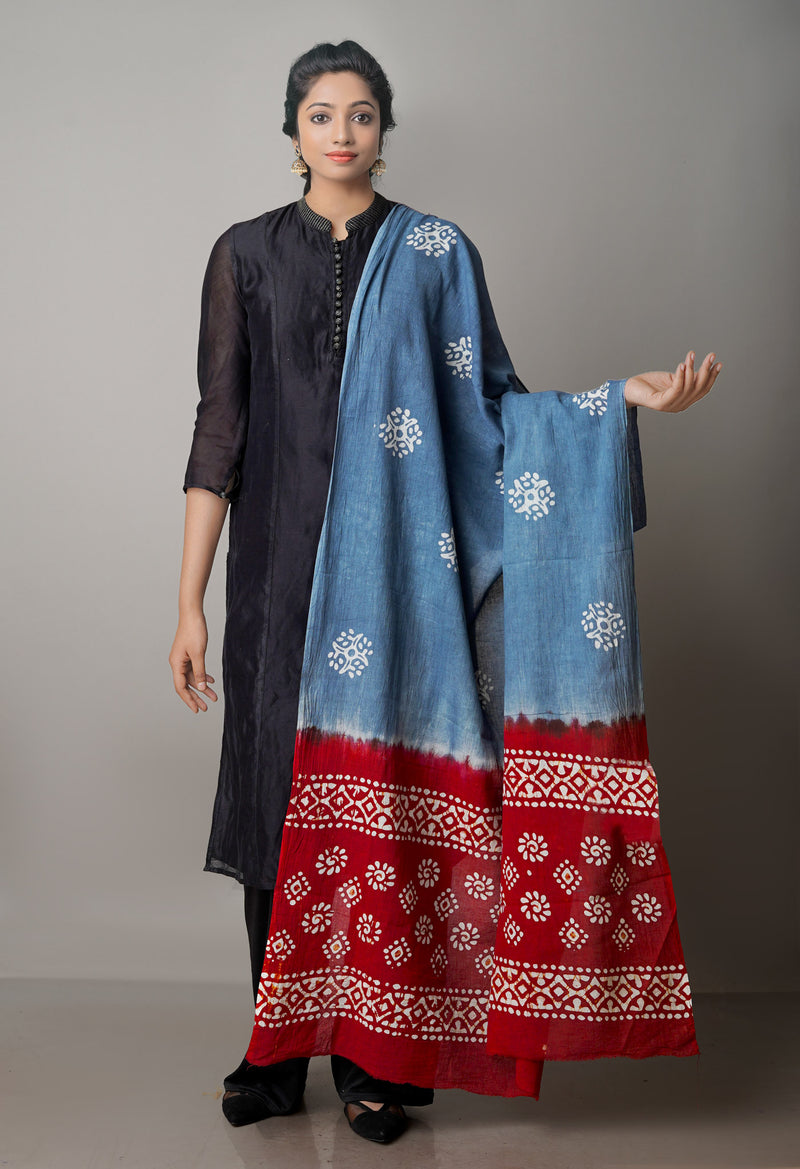 Bluish Grey-Maroon Pure Wax Tie-Dye Batik Mulmul Cotton Dupatta-UDS3885