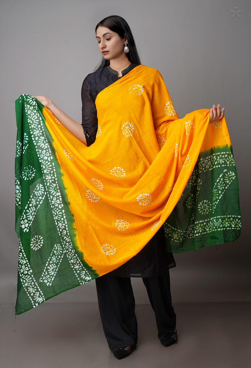 Mustard Yellow-Green Pure Batik Cotton Dupatta-UDS3902