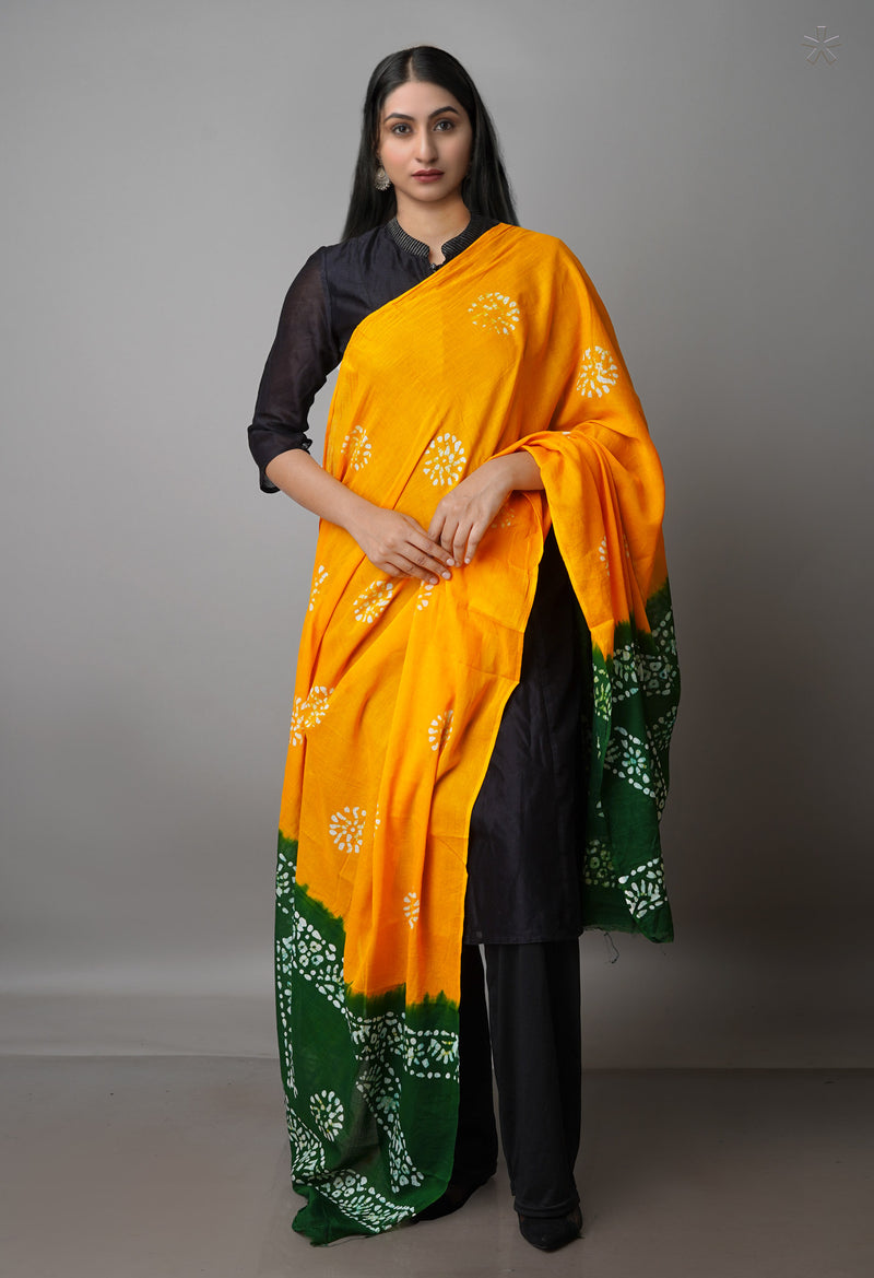 Mustard Yellow-Green Pure Batik Cotton Dupatta-UDS3902