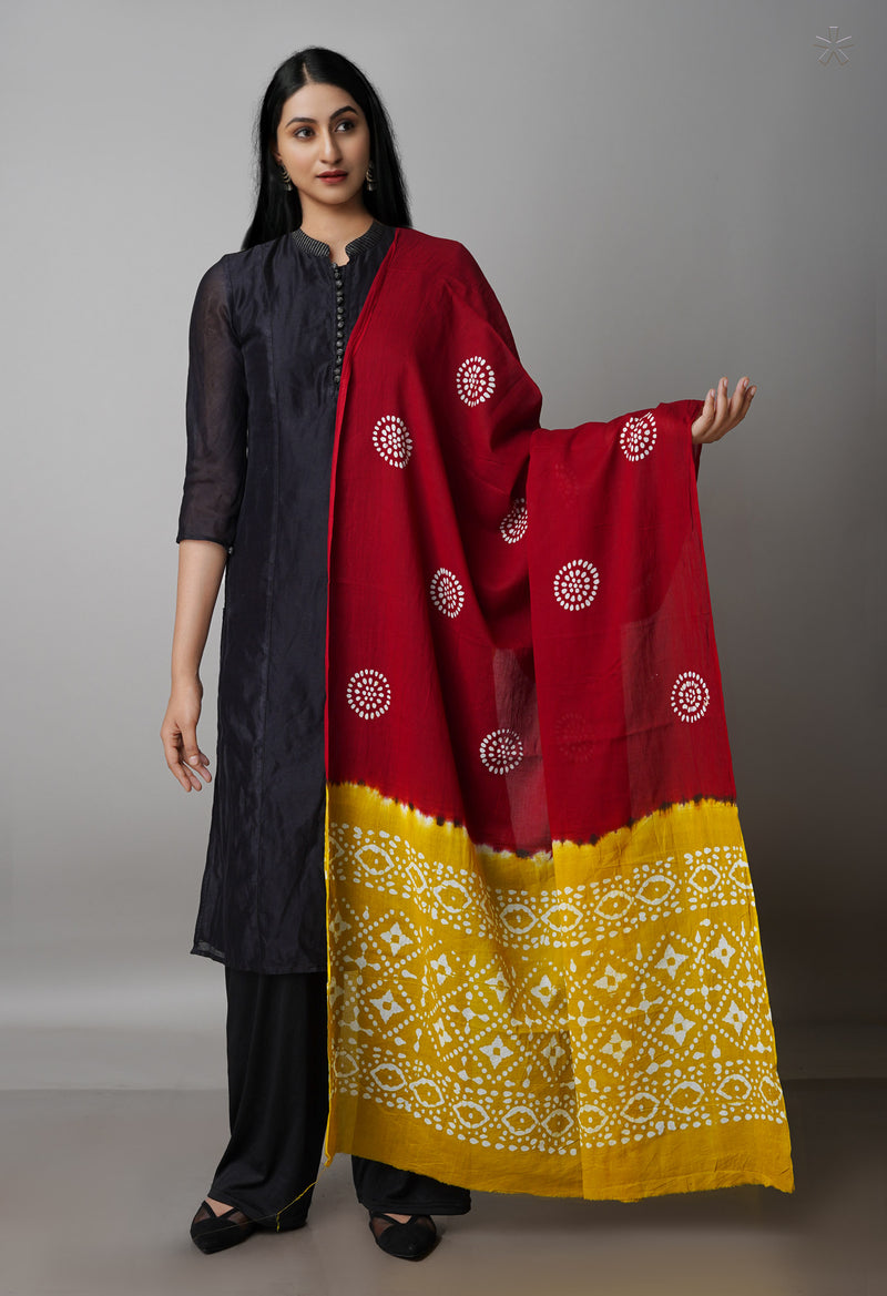 Maroon-Mehandi Green Pure Batik Cotton Dupatta-UDS3921
