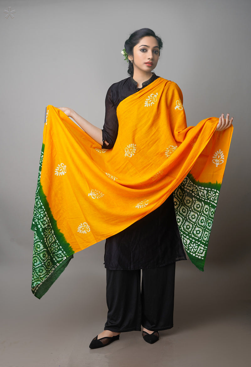 Mustard Yellow-Green Pure Batik Cotton Dupatta-UDS3936