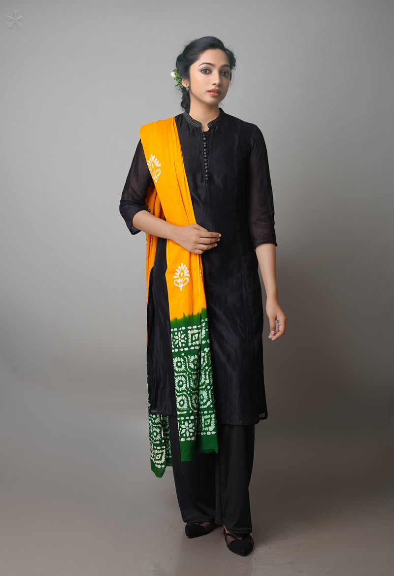 Mustard Yellow-Green Pure Batik Cotton Dupatta-UDS3936