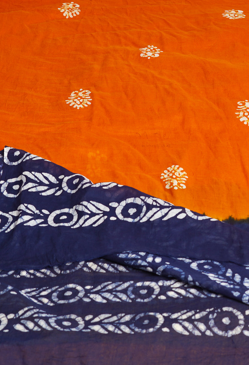 Rust Orange-Blue Pure Batik Cotton Dupatta-UDS3941