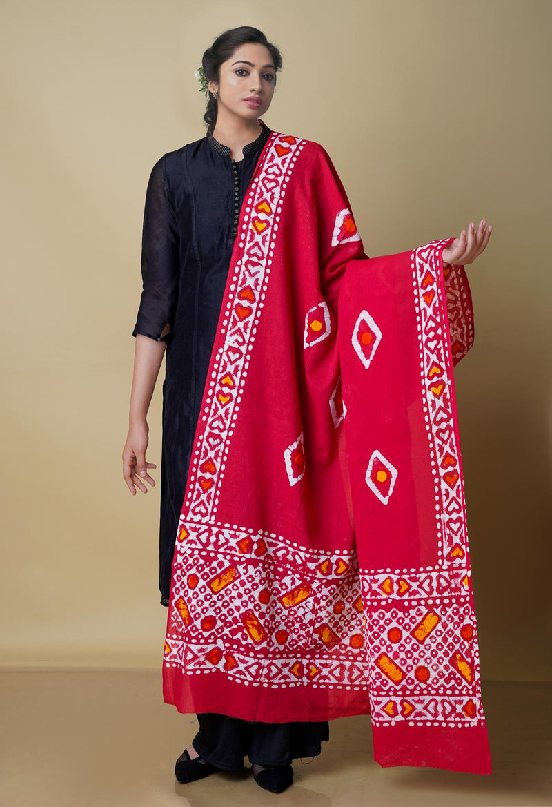 Red Super Fine Mulmul Wax Batik Handblock Printed Cotton Dupatta-UDS3957