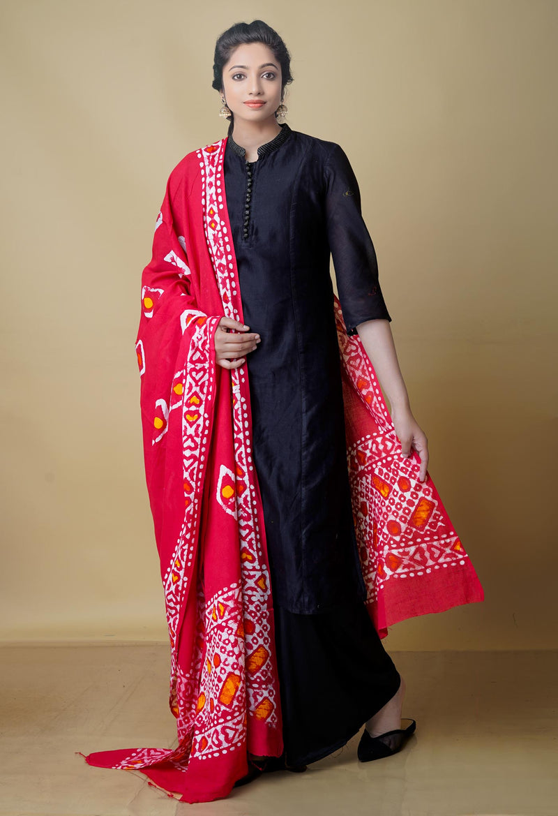 Red Super Fine Mulmul Wax Batik Handblock Printed Cotton Dupatta-UDS3957