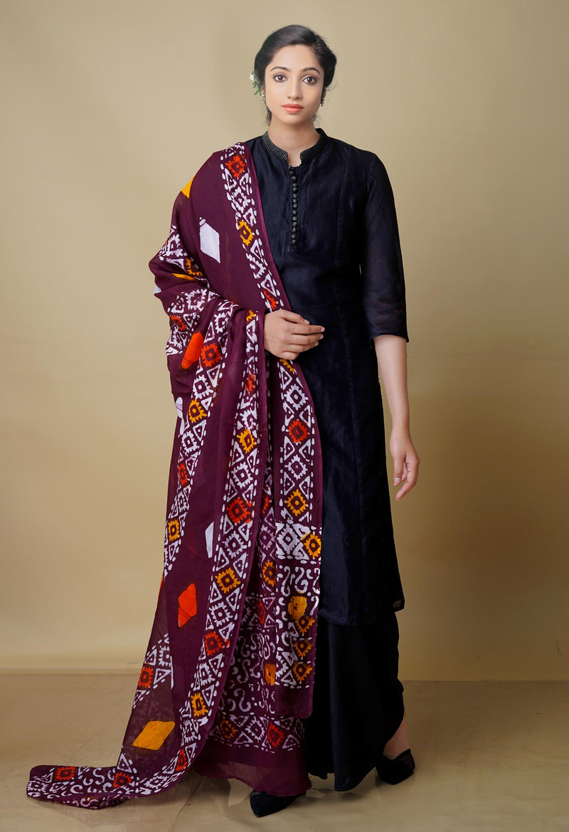 Dark Maroon Super Fine Mulmul Wax Batik Handblock Printed Cotton Dupatta-UDS3964