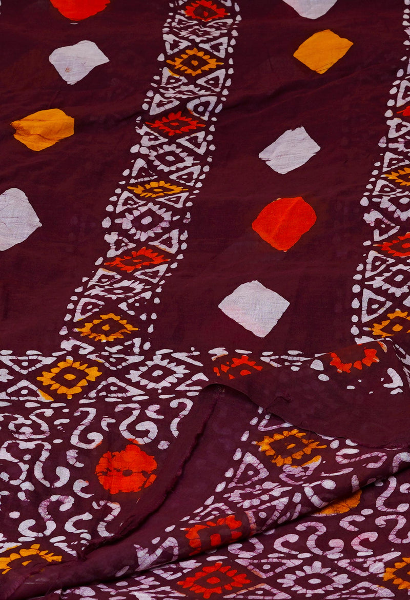 Dark Maroon Super Fine Mulmul Wax Batik Handblock Printed Cotton Dupatta-UDS3964