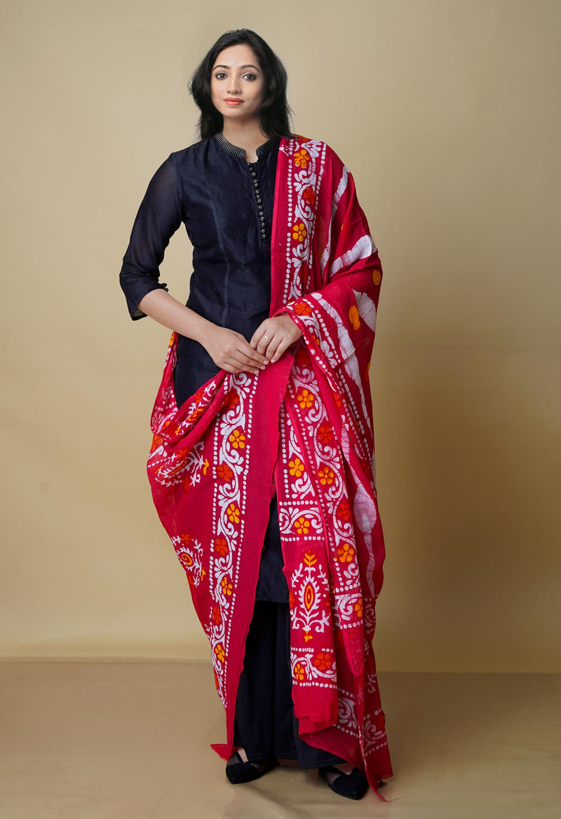Red Super Fine Mulmul Wax Batik Handblock Printed Cotton Dupatta-UDS3969
