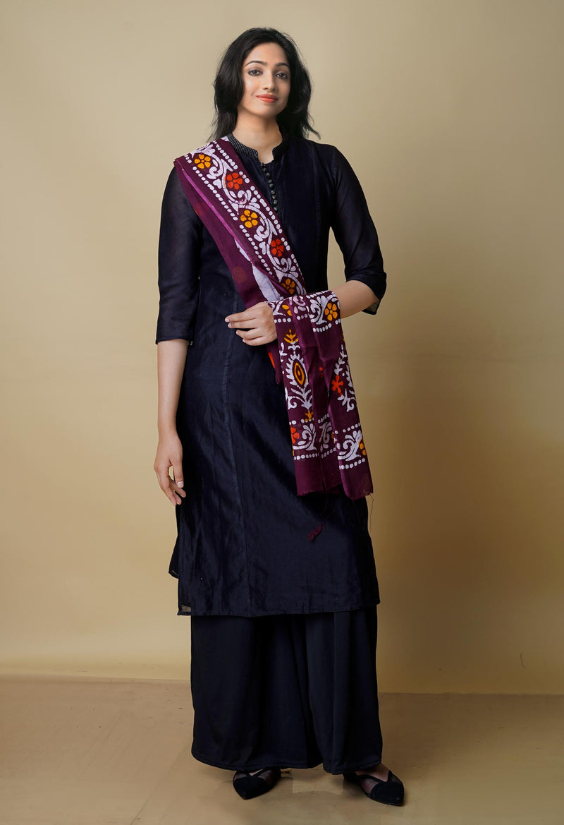Dark Maroon Super Fine Mulmul Wax Batik Handblock Printed Cotton Dupatta-UDS3972