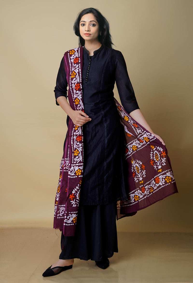 Dark Maroon Super Fine Mulmul Wax Batik Handblock Printed Cotton Dupatta-UDS3972