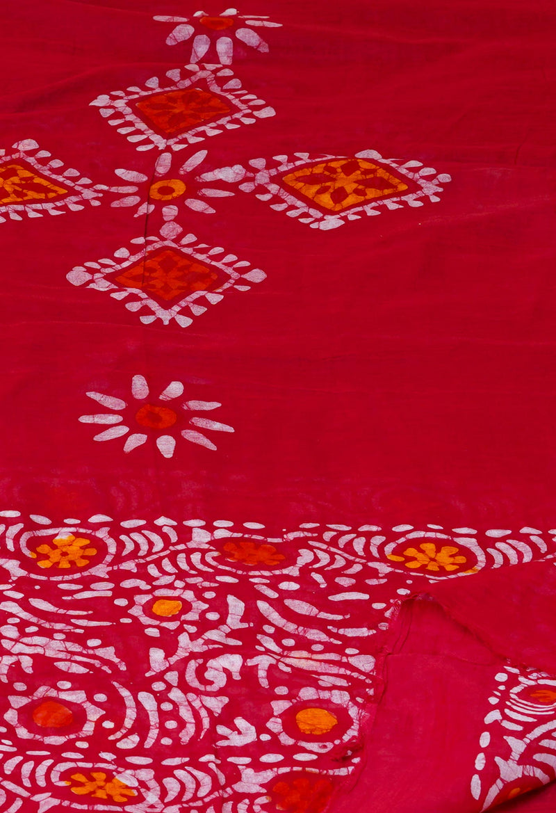 Red Super Fine Mulmul Wax Batik Handblock Printed Cotton Dupatta-UDS3975