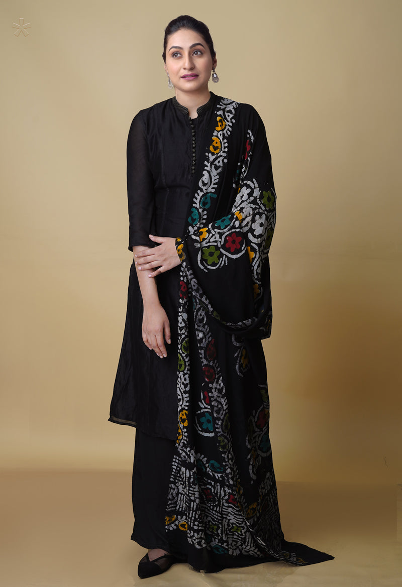 Black Georgette Hand Wax Batik Block Printed Dupatta -UDS3981