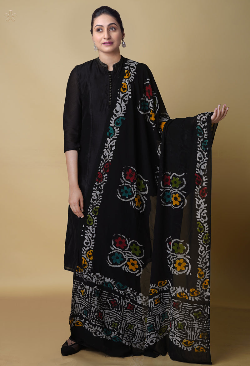 Black Georgette Hand Wax Batik Block Printed Dupatta -UDS3981