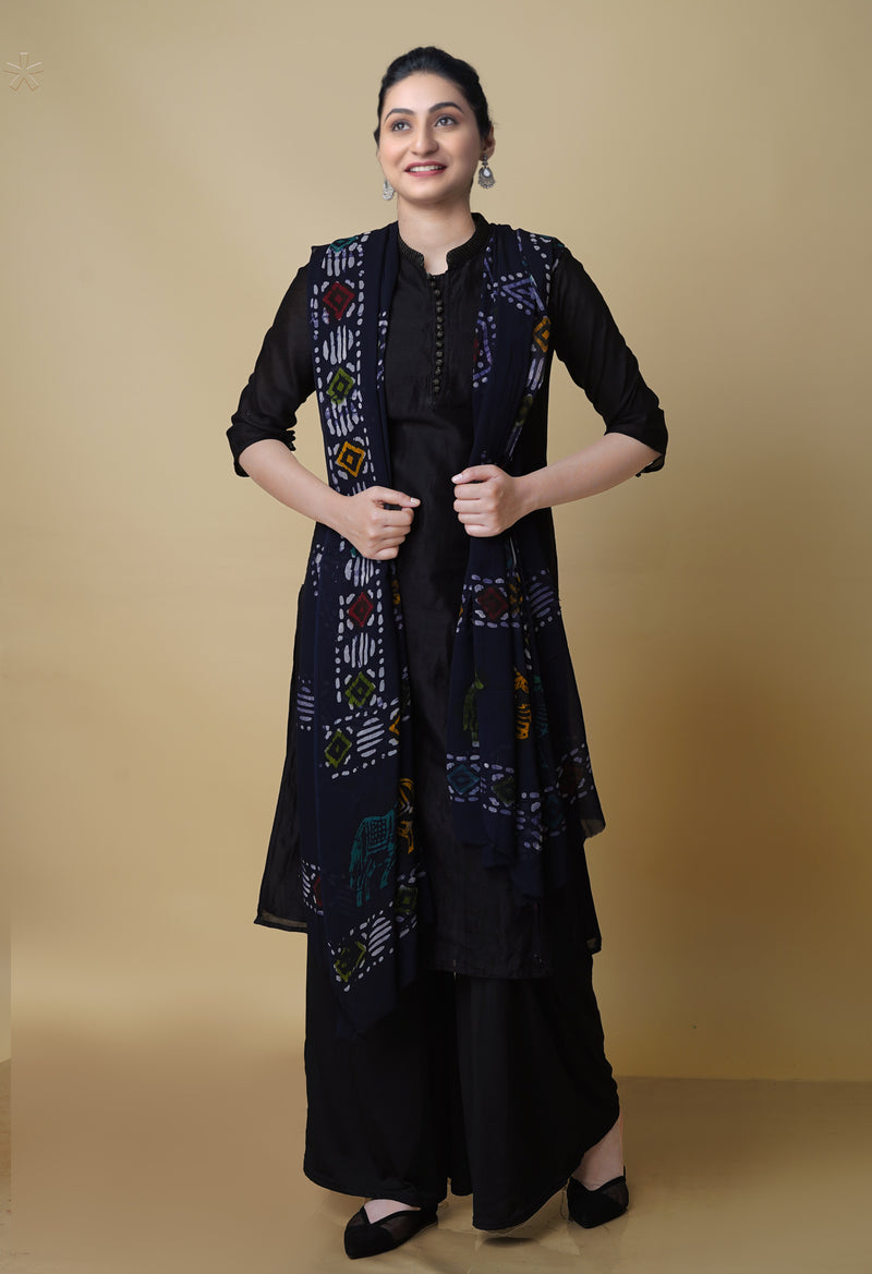 Navy Blue Georgette Hand Wax Batik Block Printed Dupatta -UDS3985