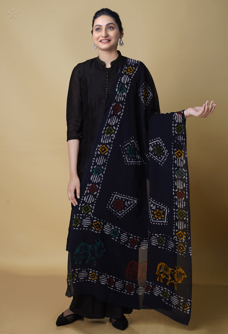 Navy Blue Georgette Hand Wax Batik Block Printed Dupatta -UDS3985