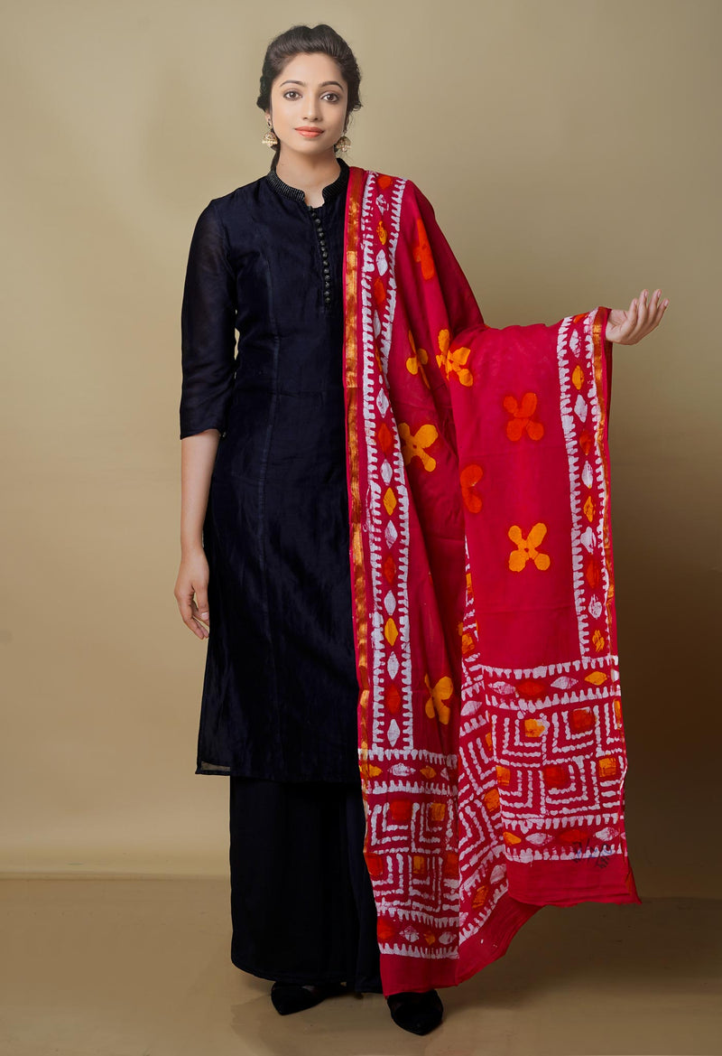 Red Pure Super Fine Soft Cotton Hand Wax Batik Dupatta With Zari Border -UDS3995
