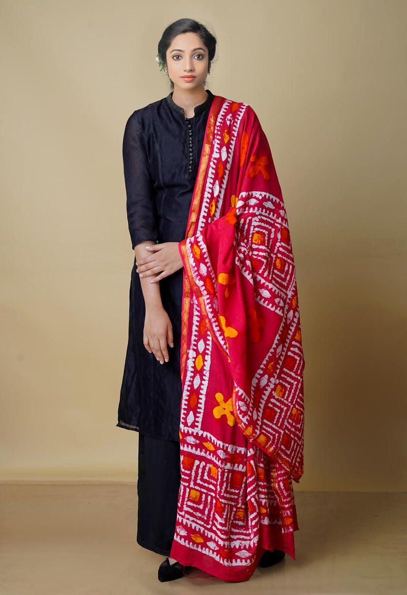 Red Pure Super Fine Soft Cotton Hand Wax Batik Dupatta With Zari Border -UDS3995