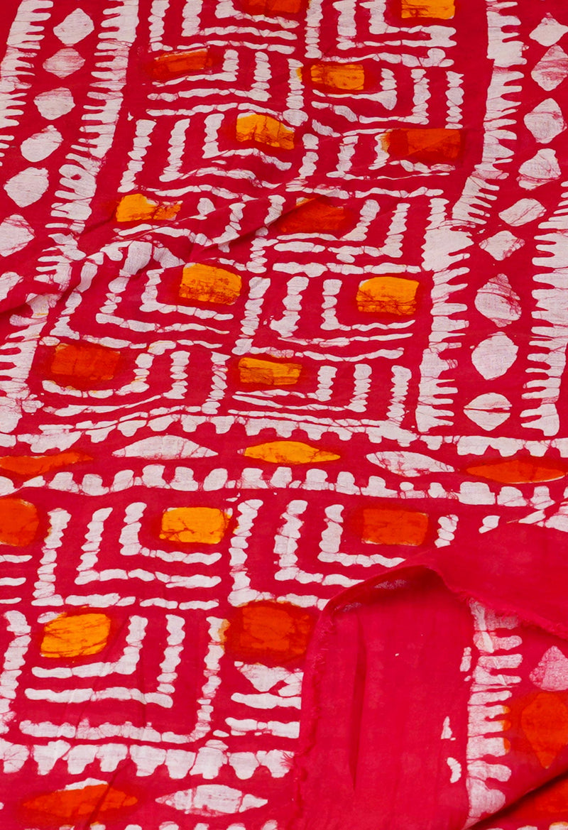Red Pure Super Fine Soft Cotton Hand Wax Batik Dupatta With Zari Border -UDS3995