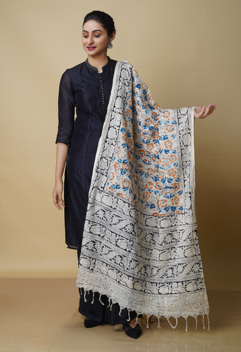 Multi Pure Kalamkari Handblock Printed Mulmul Cotton Dupatta–UDS4047