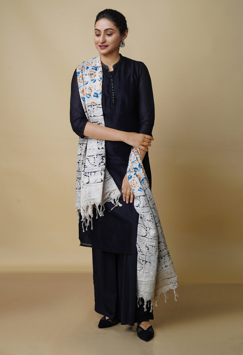 Multi Pure Kalamkari Handblock Printed Mulmul Cotton Dupatta–UDS4047