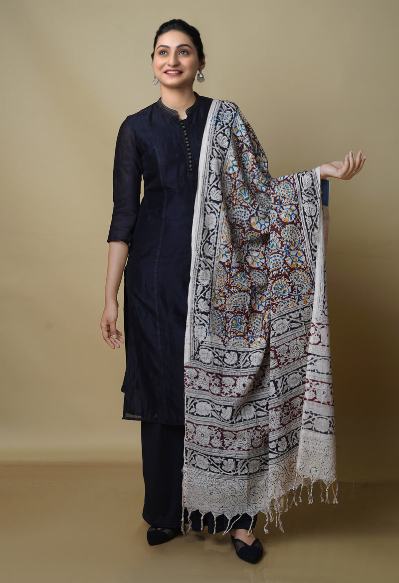 Multi Pure Kalamkari Handblock Printed Mulmul Cotton Dupatta–UDS4053